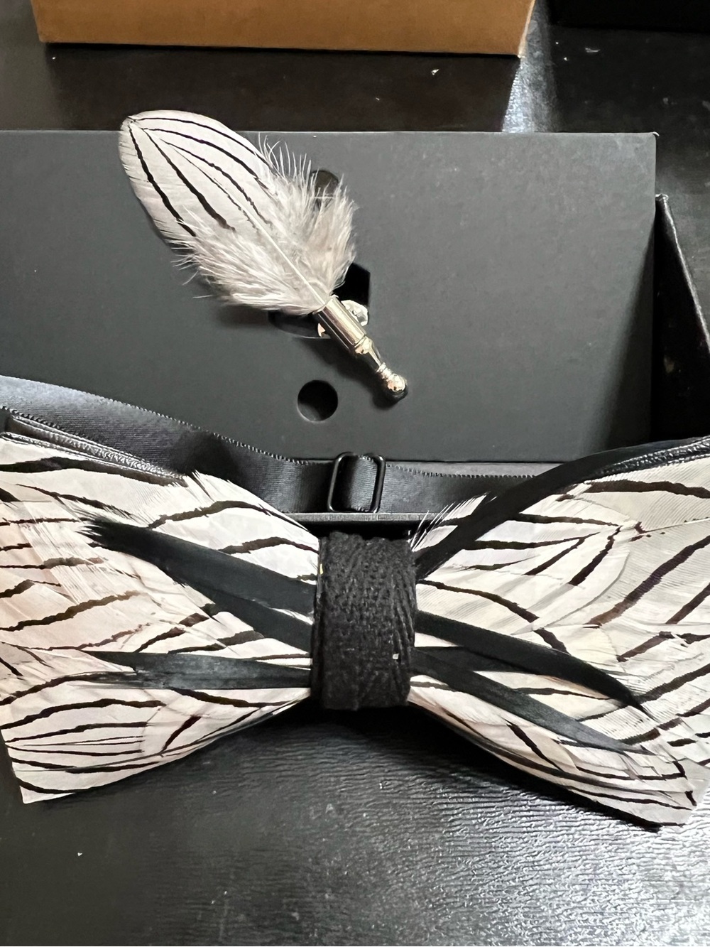 Feather-Pattern Bow Tie with Lapel Pin - Black & White